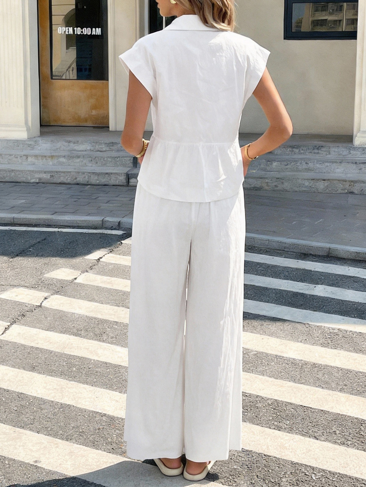 Casual Linen Drawstring Wide Leg Set