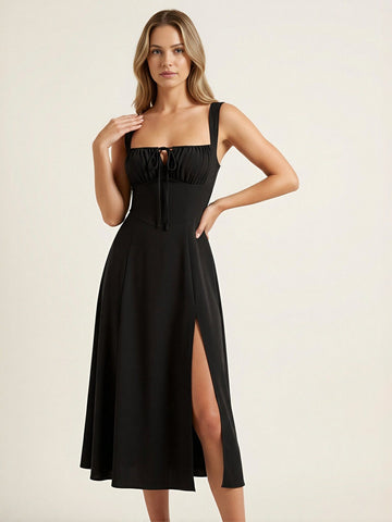 Smocked Bust Tie-Front A-Line Vintage Midi Dress-Black