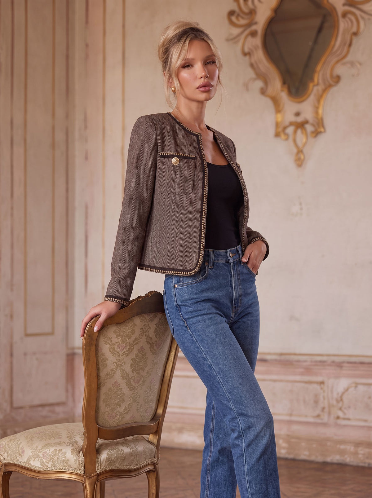 Chic Herringbone Tweed Trim Jacket