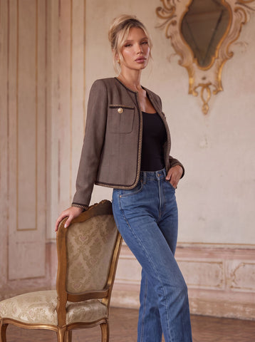 Chic Herringbone Tweed Trim Jacket