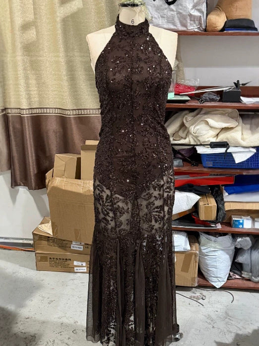 Sequined Halter Mermaid Evening Dress