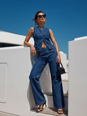 Chic Denim Vest Wide Leg Pant Set