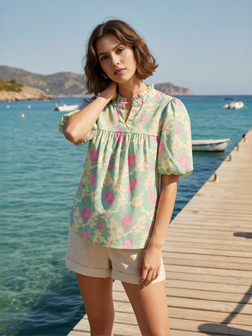 Floral Print Keyhole Neck Blouse