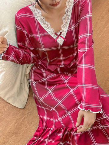 Cozy Plaid Lace Trim Nightgown