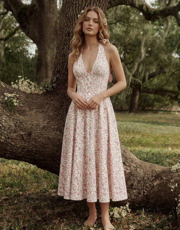 AURELIA Floral Print Halter Neck Tie Back Midi Dress