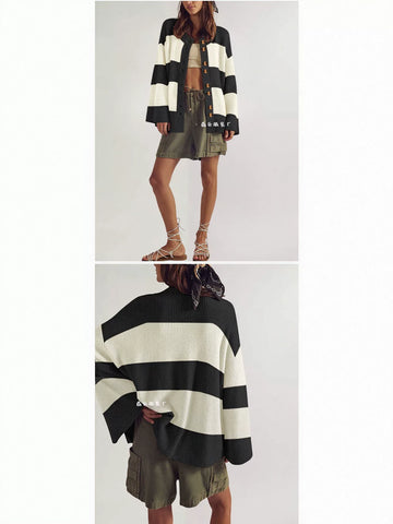 Oversized Striped Button Down Cardigan