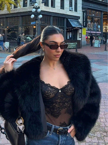 Elegant Black Cropped Faux Fur Coat