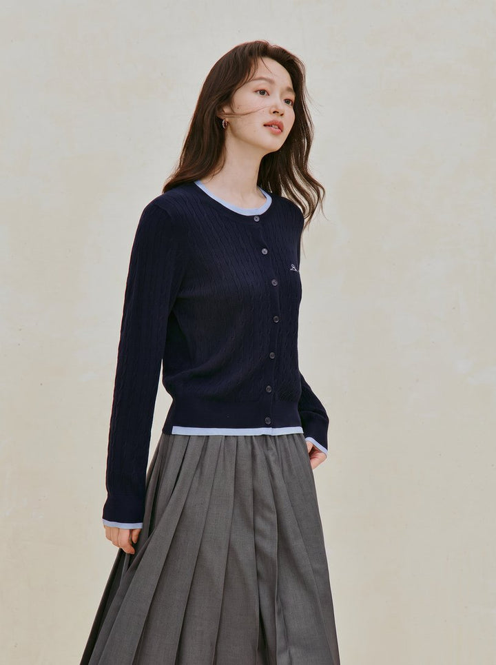 Embroidered Wool Blend Cable Knit Cardigan