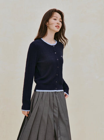 Embroidered Wool Blend Cable Knit Cardigan