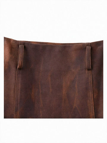 Faux Suede Distressed Midi Skirt
