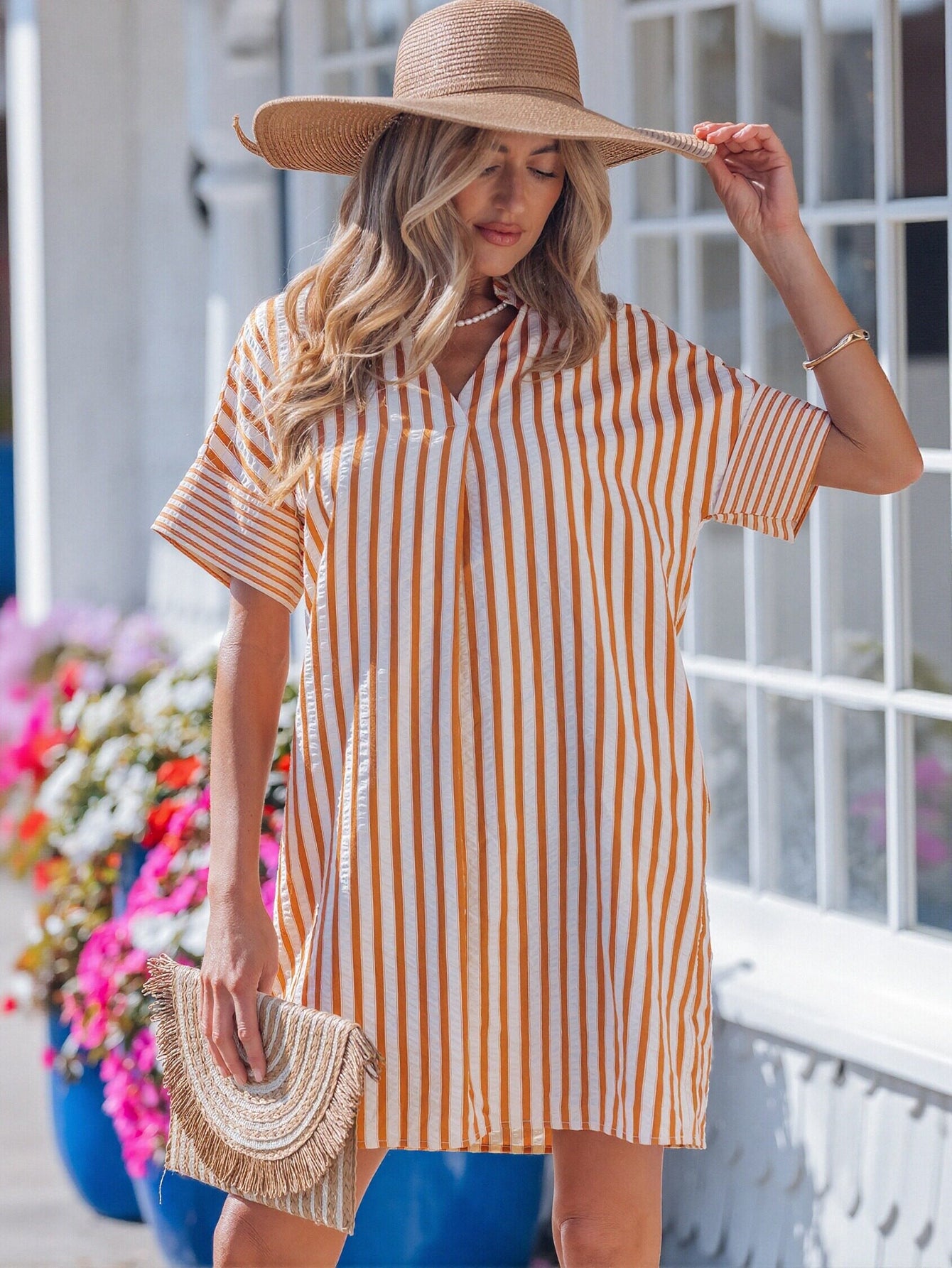Casual Striped V Neck Mini Dress