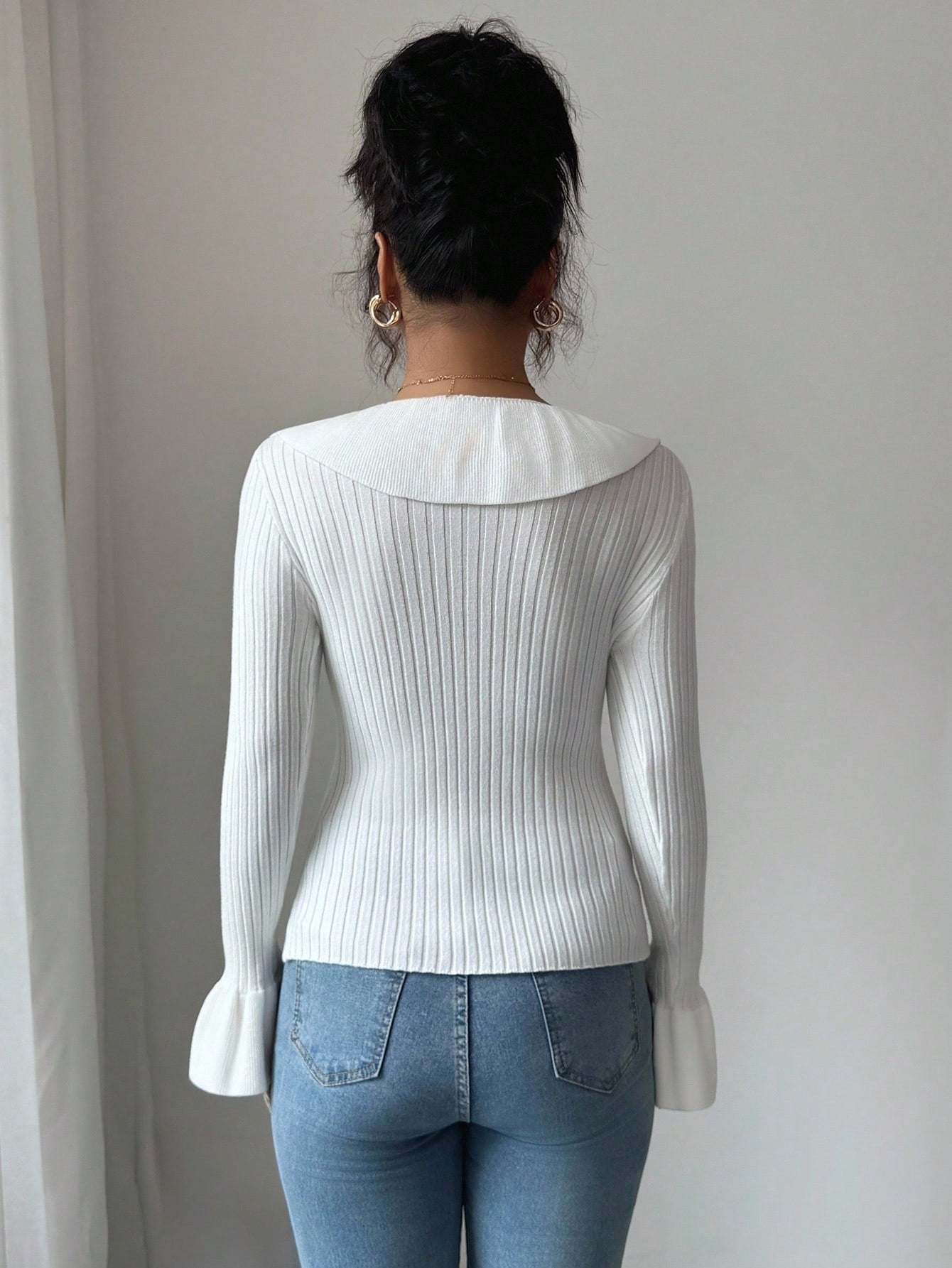 Floral Ruffle Trim Ribbed Sweater