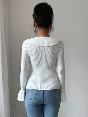 Floral Ruffle Trim Ribbed Sweater