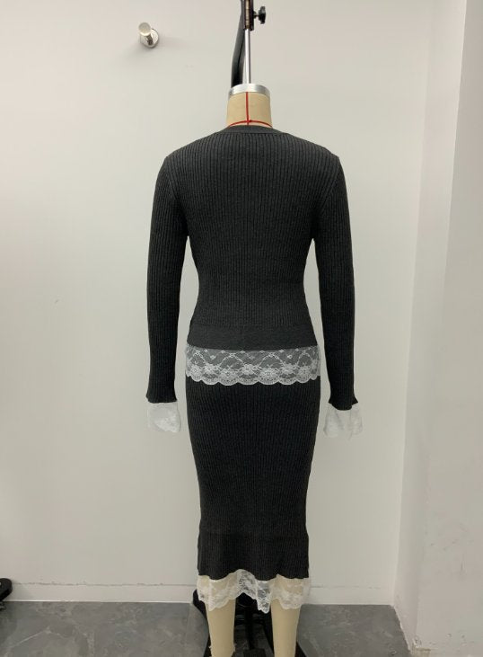 Lace Trim Ribbed Knit Set