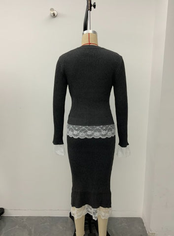 Lace Trim Ribbed Knit Set