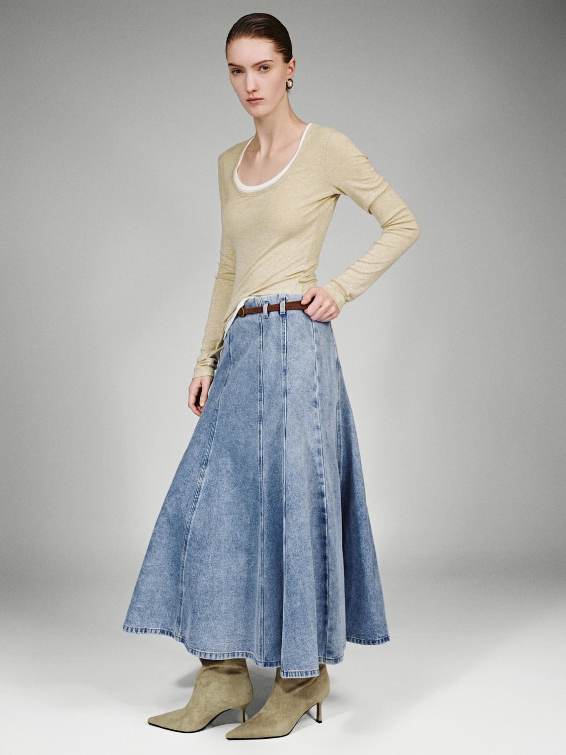Urban Revivo Belted Seamed Denim Midi Skirts-Blue