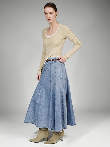 Urban Revivo Belted Seamed Denim Midi Skirts-Blue