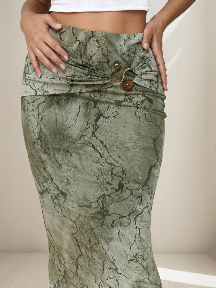 Marble Print Ring Waist Midi Skirt