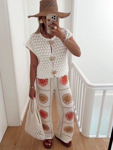 Open-Front Crochet Star-Button Boho Vest