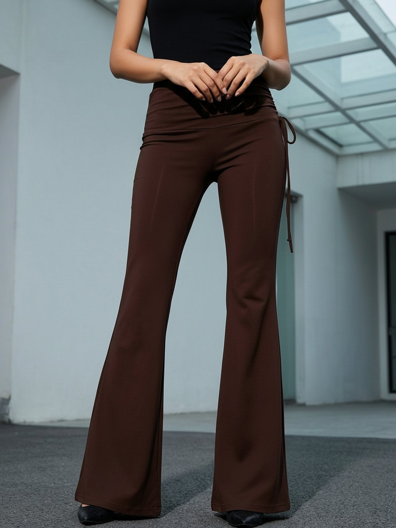 High-Waisted Drawstring Flare Pants-Multicolor