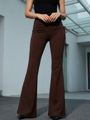 High-Waisted Drawstring Flare Pants-Multicolor