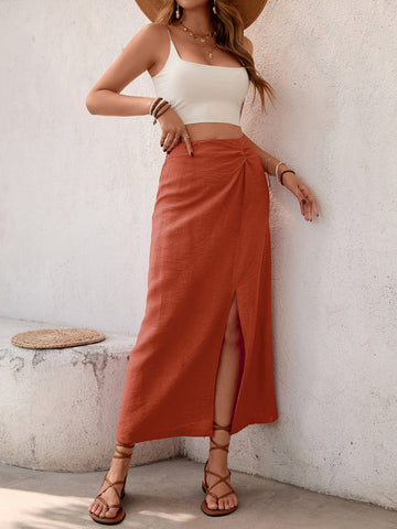 Slit-Hem Twist-Waist Chic Midi Skirt