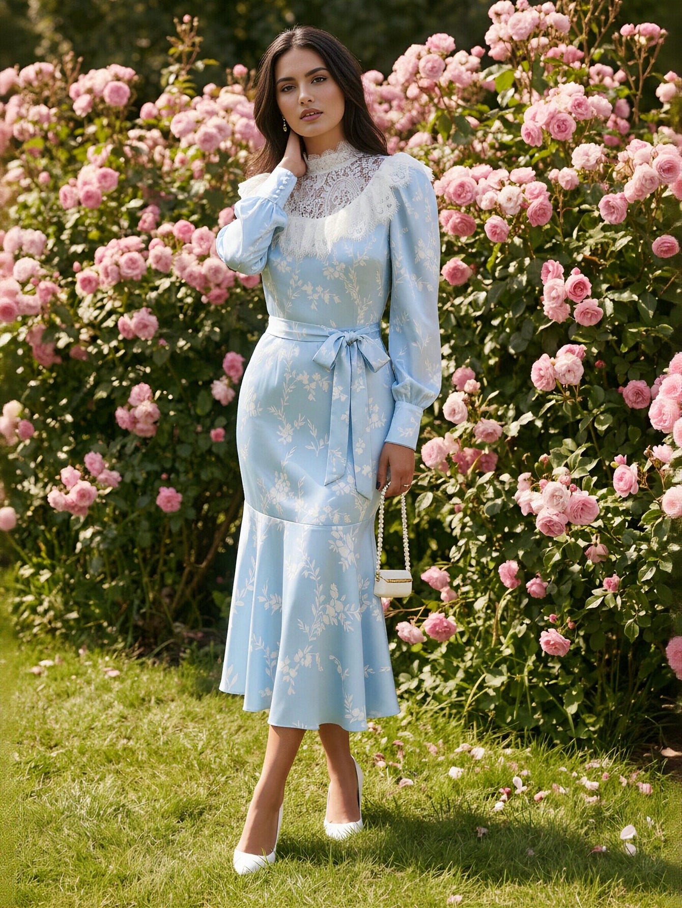 Vintage Lace Trim Floral Midi Dress
