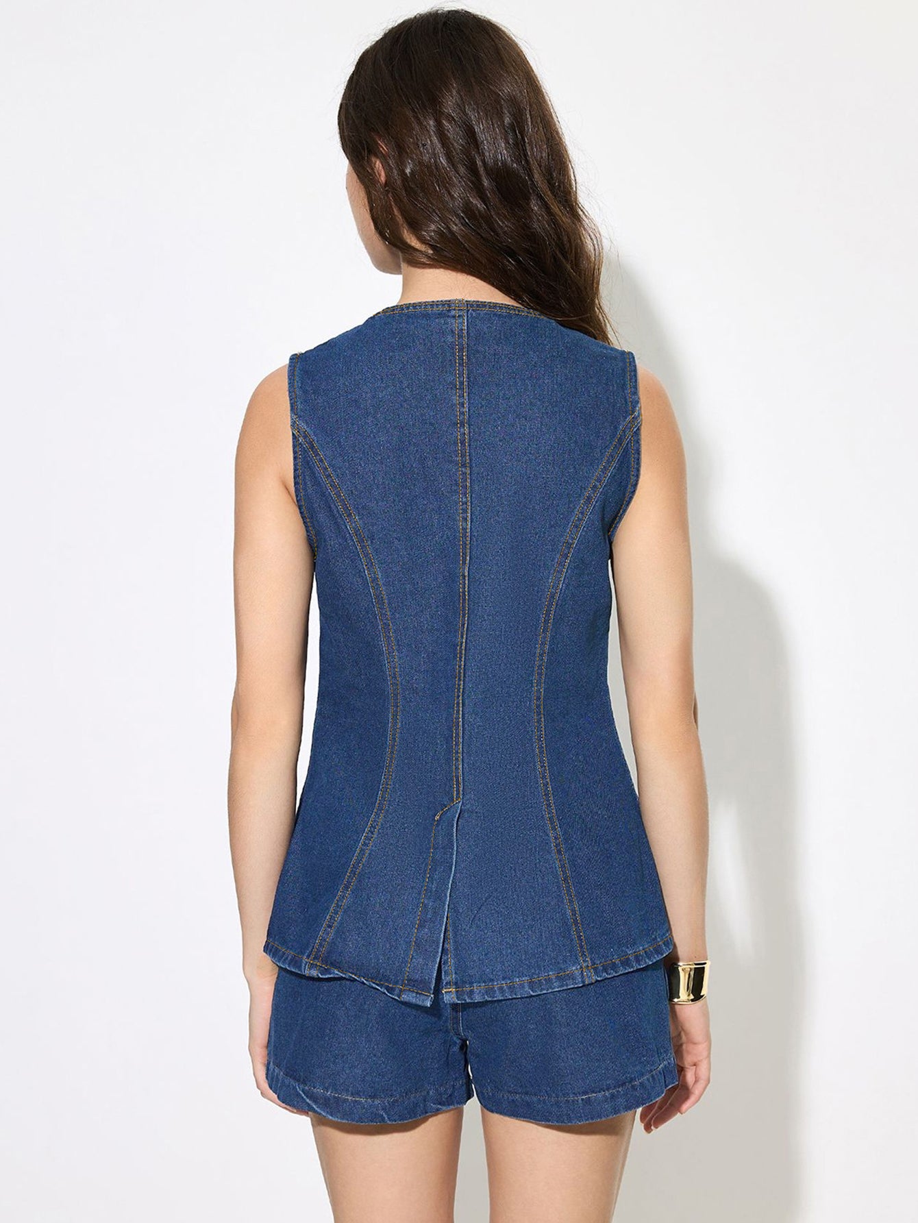 Button-Front Sleeveless Utility Pocket Casual Vest-Blue