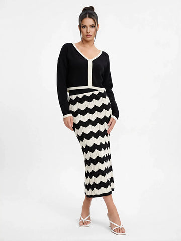 Colorblock Chevron Knit Sweater Skirt Set