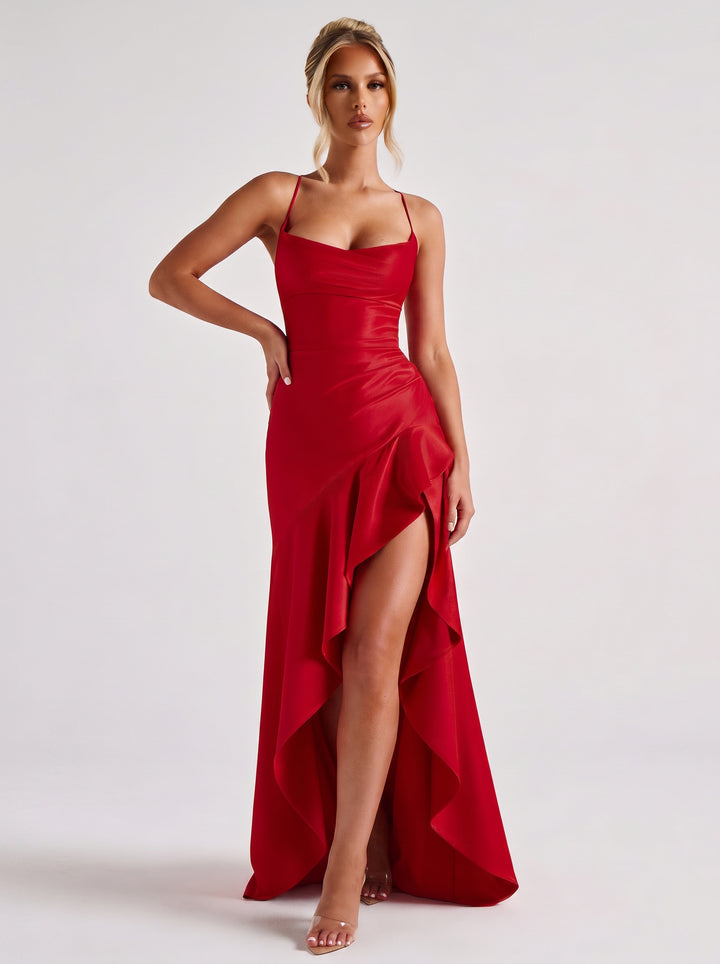 Satin Ruched High Slit Maxi Dress
