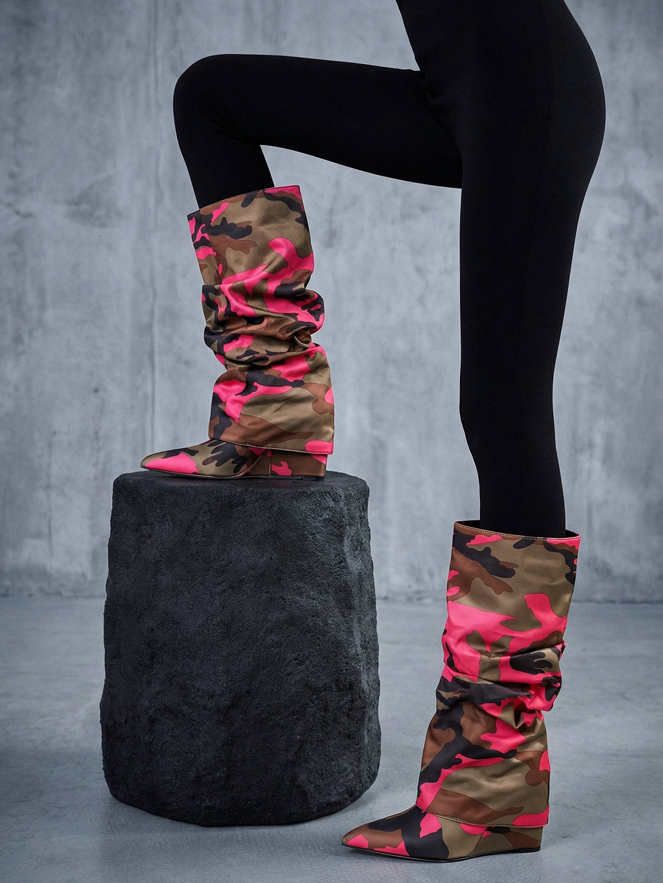 Slouchy Fold Pointed Toe Low-Block Heel Chic Over-the-Knee Boots