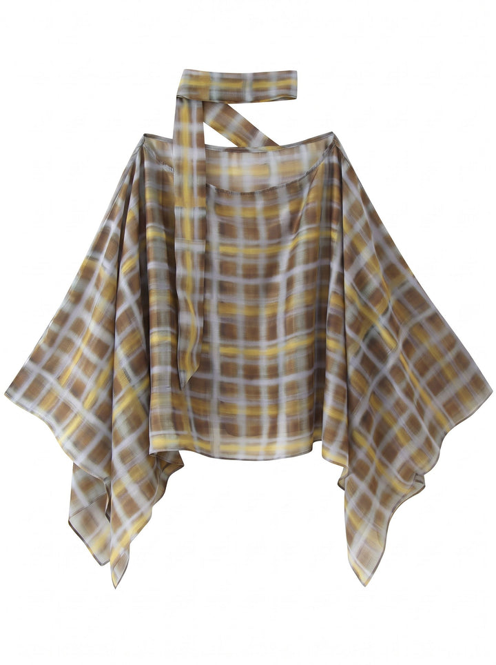Plaid Chiffon Halter Neck Blouse