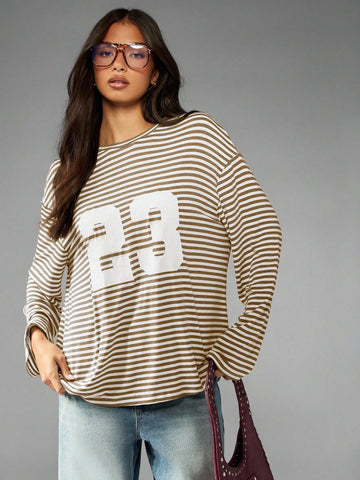 Oversized Striped Graphic Long Sleeve Tee
