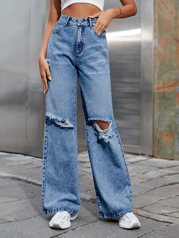 High Waisted Distressed Wide Leg Jeans