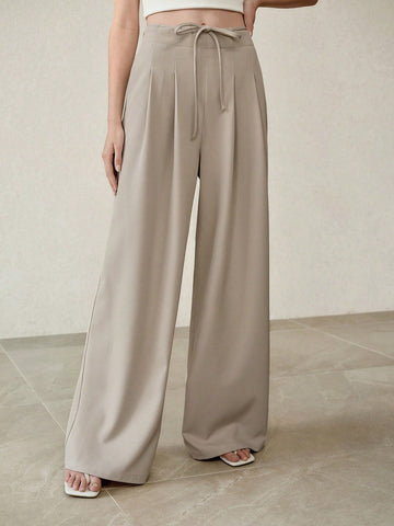 High-Waisted Drawstring Wide-Leg Casual Pants-Khaki