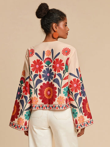 Boho Floral Embroidered Tie Front Shirt