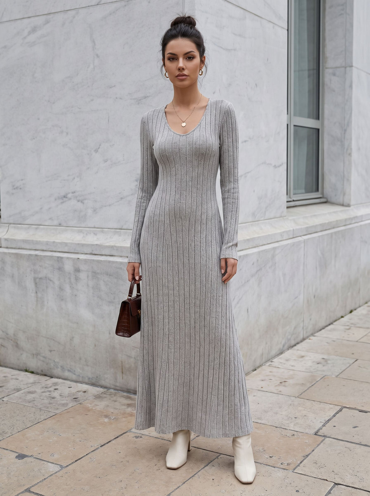 Ribbed Fitted Long Sleeve Maxi Dress