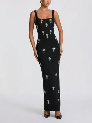 Wide-Strap Sleeveless Bodycon Evening Maxi Dress-Black