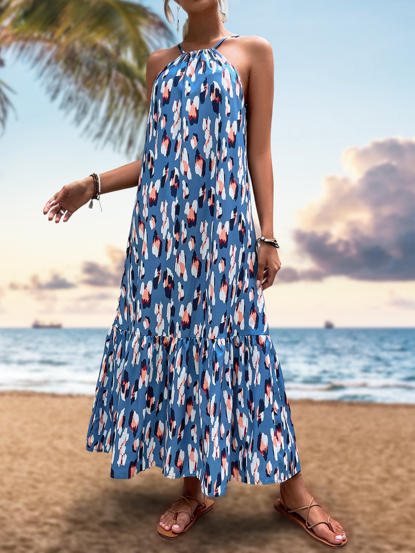 Boho Print Halter Flow Resort Maxi Dress-Blue