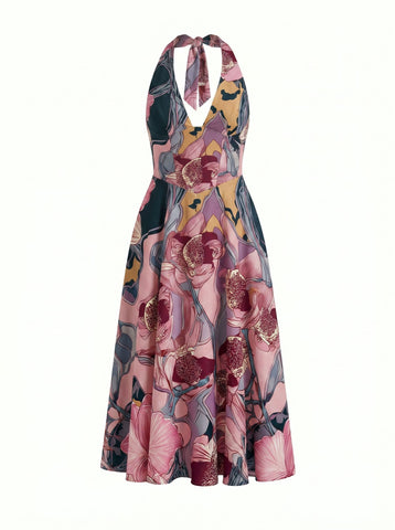 Floral Print Halter Neck Tie Back Midi Dress