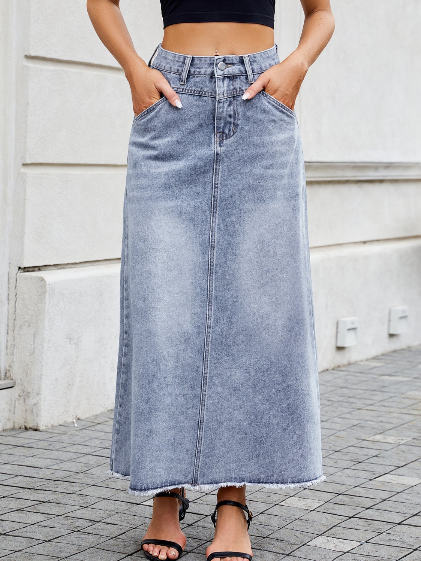 High Waisted Raw Hem Denim Skirt