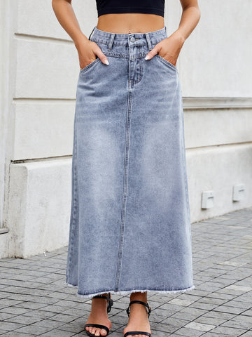 High Waisted Raw Hem Denim Skirt