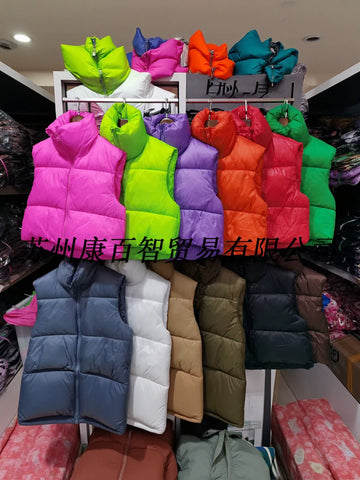 Cropped Puffer Vest Stand Collar