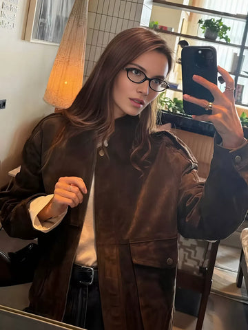 Oversized Brown Suede Utility Jacket