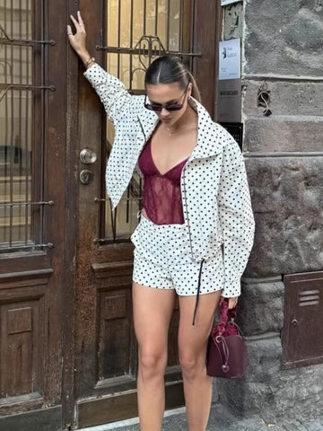 Polka Dot Cropped Stand Collar Jacket