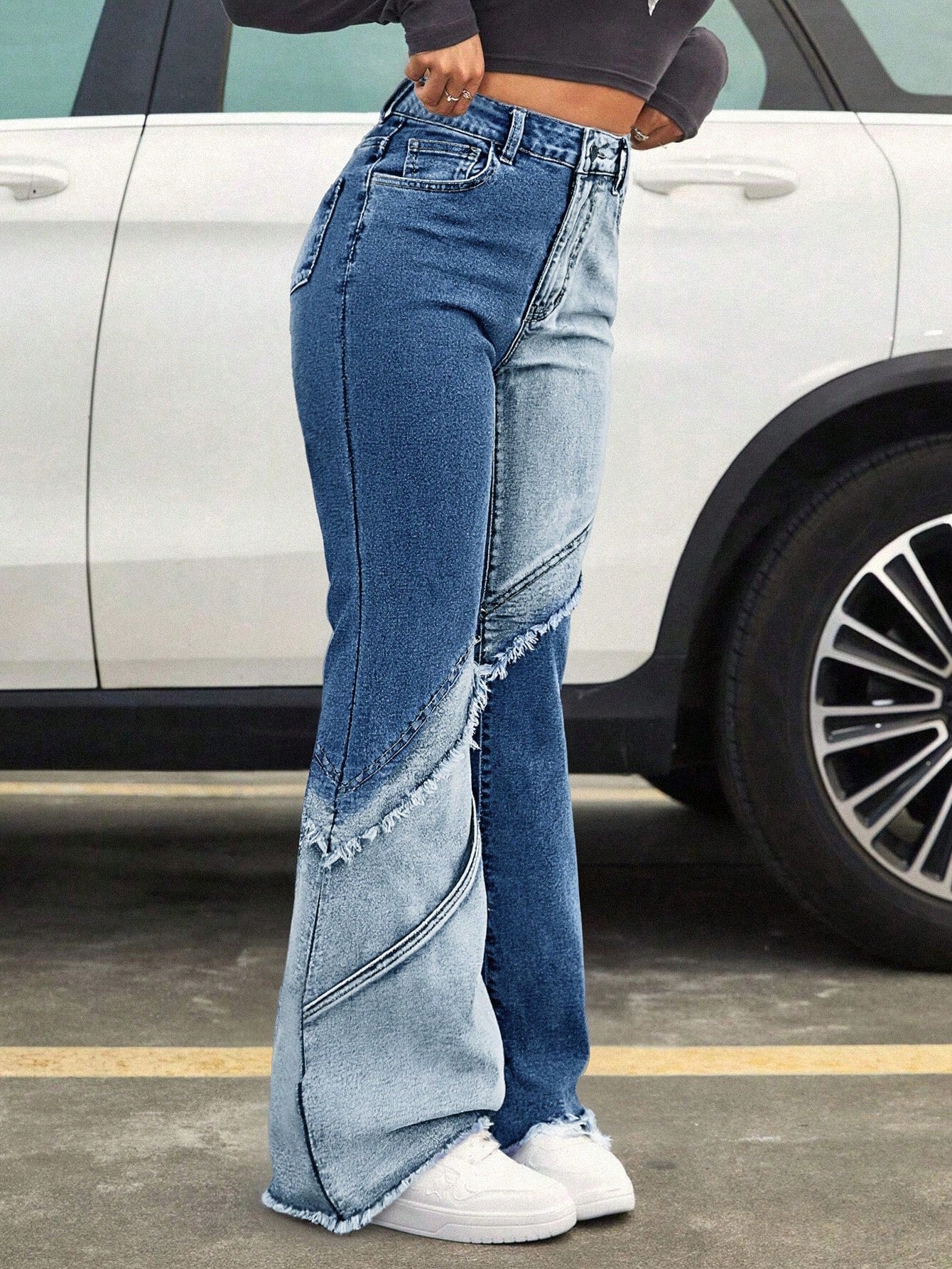 Two Tone Distressed Wide Leg Jeans