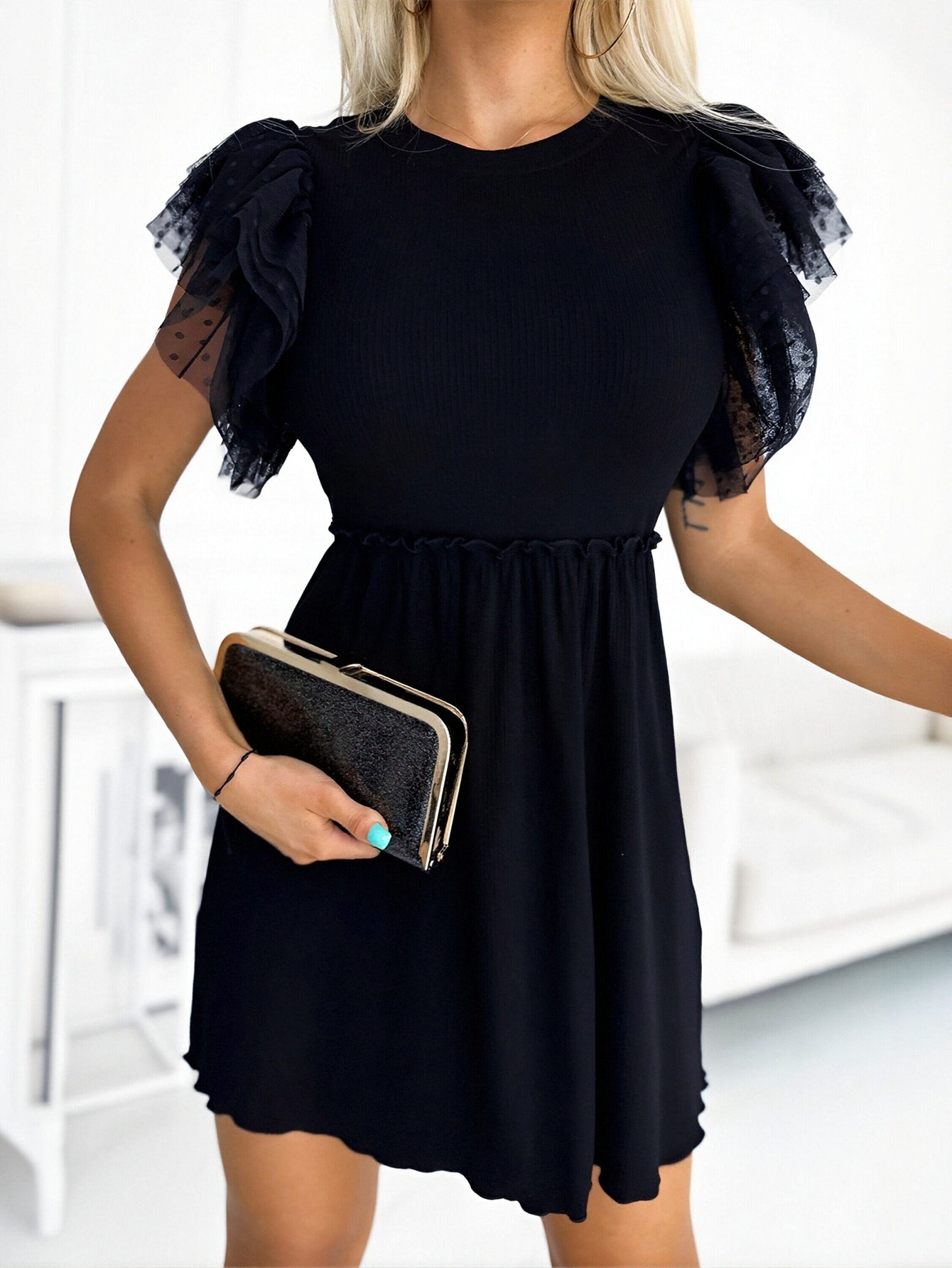 Flirty Mesh Sleeve Black Dress