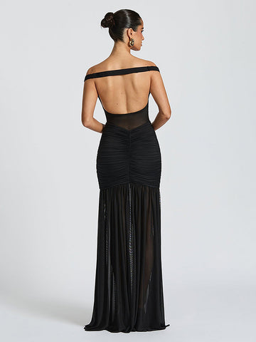 Off Shoulder Sheer Panel Sexy Maxi Dress