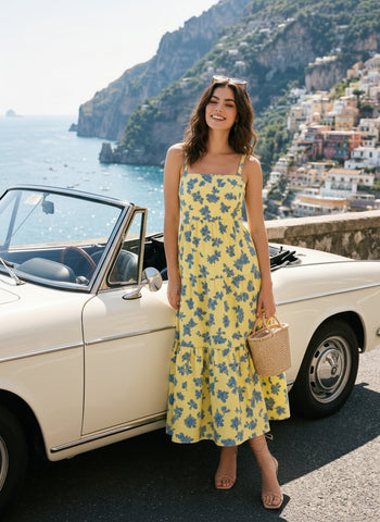 FLORA Floral Print Tiered Strap Midi Dress