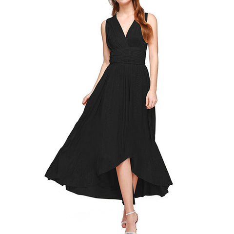 V-Neck Pleated Asymmetric Hem Casual Midi Dress-Blue